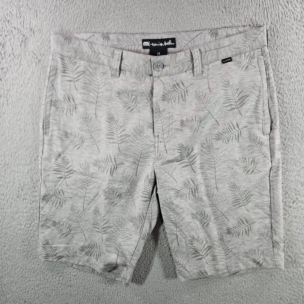 Travis Mathew Mens 34 Gray Palm Leaf Print Golf Shorts Tropical Stretch Casual